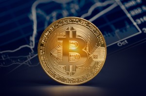 macro shiny bitcoin and trading market data chart. virtual cryptocurrency concept