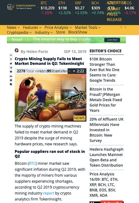 再掀外媒热议 挖矿行业2019 Q2研究报告 Tokeninsight 比推