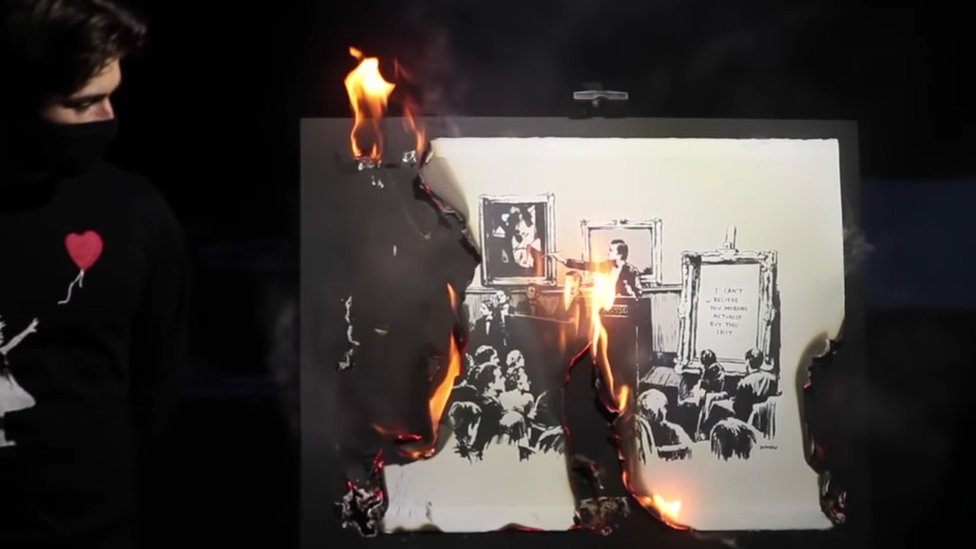 Banksy art burned, destroyed and sold as token in 'money-making stunt' -  BBC News