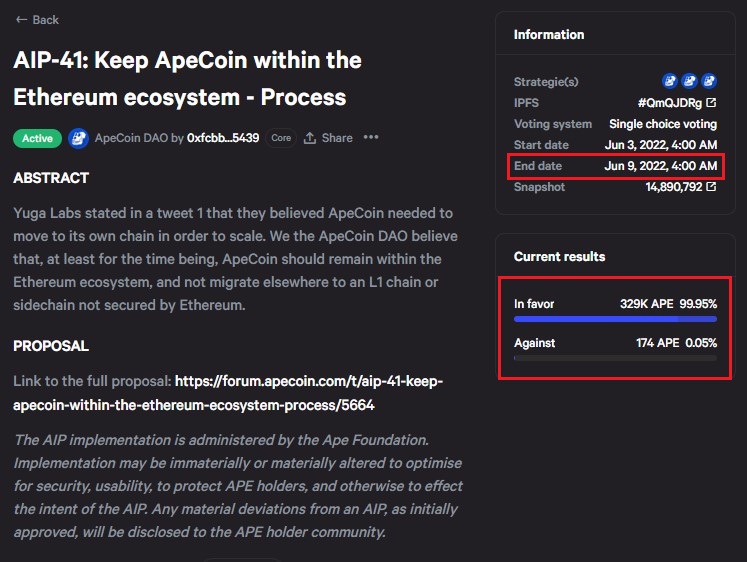 ApeCoin 社区发起提案让 APE 留在以太坊上，获得 99% 的投票支持 Idea 13