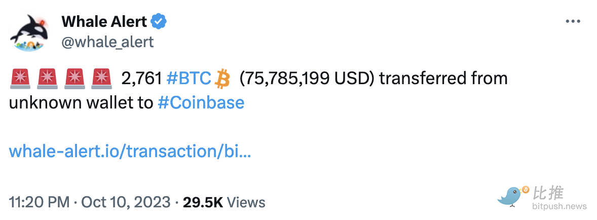 2,761 枚比特币从未知钱包转入 Coinbase