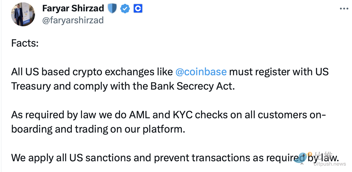 Coinbase 首席政策官：所有制裁和阻止交易均按照美国法律要求实施