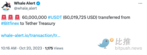 6000万枚USDT从Bitfinex转移到Tether金库