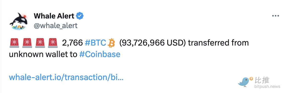 2,766 枚比特币从未知钱包转入 Coinbase