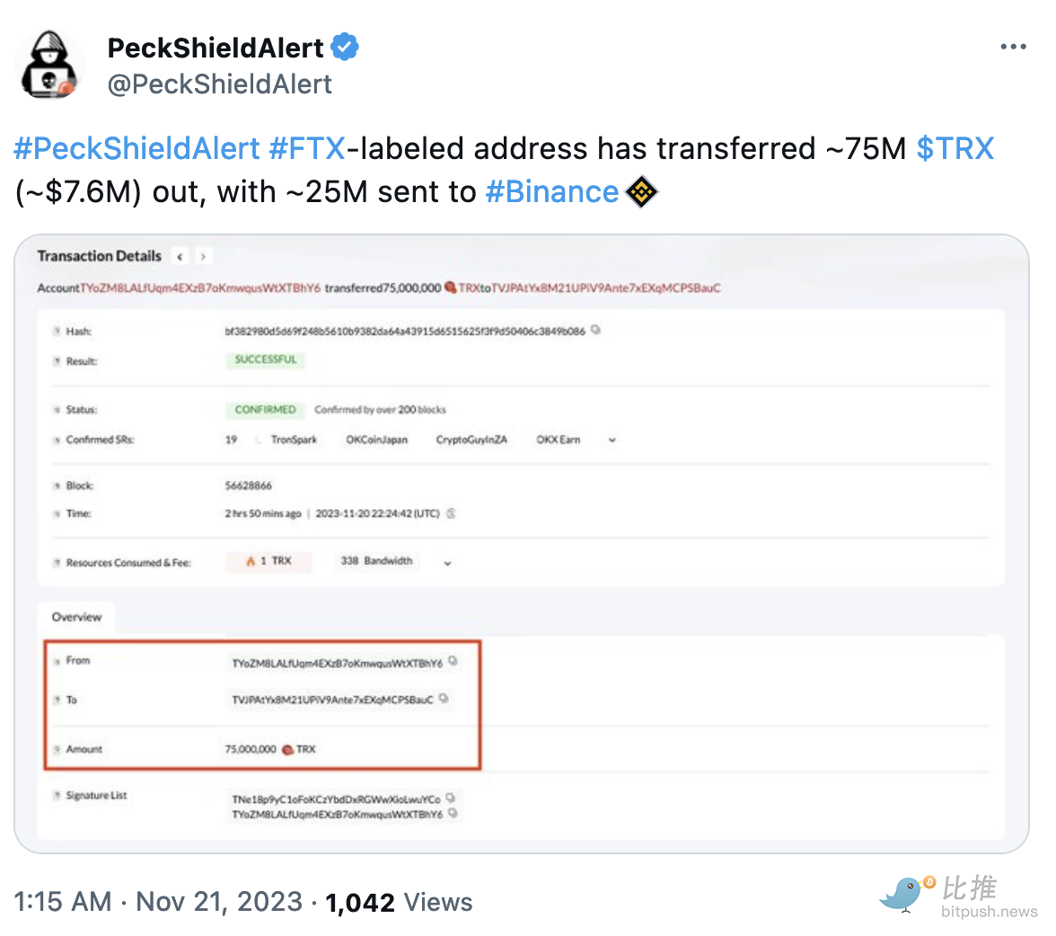 PeckSheildAlert：FTX 钱包向币安存入 2,500 万枚 Tron